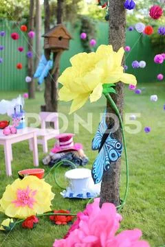 Yellow flower and decorations in summer camp. Stock Photos