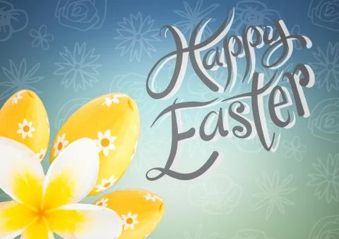 Yellow flower and eggs type against blue green easter pattern Stock Illustration