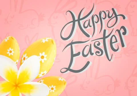 Yellow flower and eggs type against pink easter pattern Stock Illustration