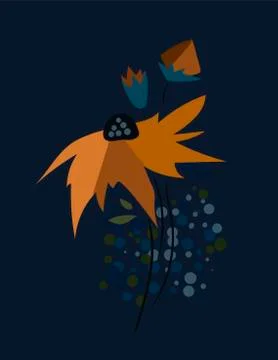 Yellow flower dark card vector floral design element primitive scandinavian Stock Illustration