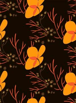 Yellow flower dark seamless pattern vector floral design primitive scandinavi Stock Illustration