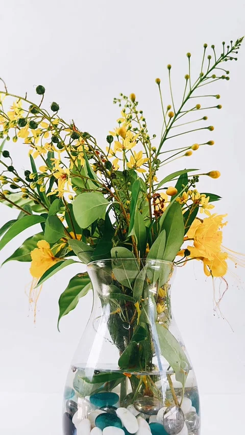 Yellow flower, vase, top down view, table setting, fine art, Stock Footage 278421978