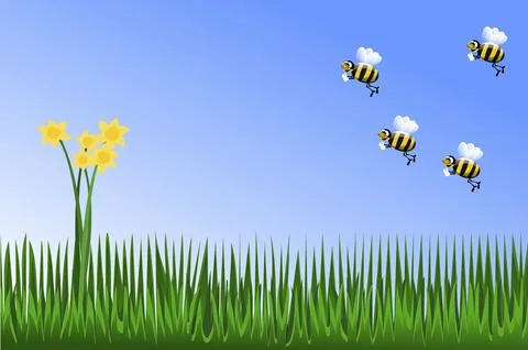 Yellow flowers in the grass with bees, spring time illustration Stock Illustration