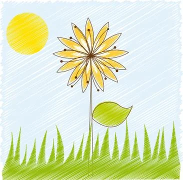 Yellow flowers over grass with sun, scrawled garden. vector Ilustração Stock