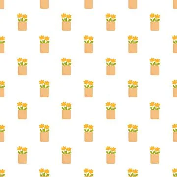 Yellow flowers in pots seamless pattern background Illustrazione stock