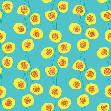 Yellow flowers seamless vector pattern on blue Stock Illustration