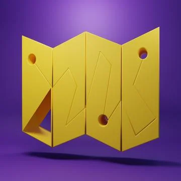 Yellow Folded map with location marker icon isolated on purple background. .. Stock Illustration