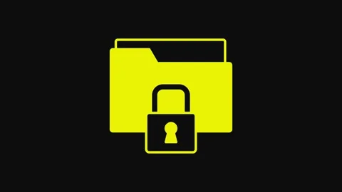 Yellow Folder and lock icon isolated on black background. Closed folder and Video stock 233099578