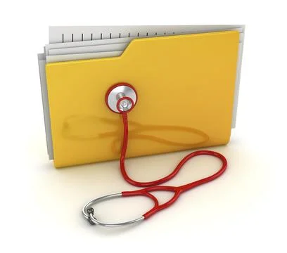 Yellow Folder and Red Stethoscope, This is a 3d Rendered Computer Generated Stock Illustration