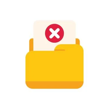 Yellow folder containing document with red cross mark for deletion 库存插图