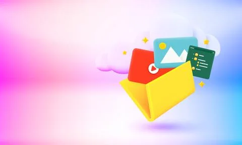 Yellow folder with galley, video and charts. 3d vector banner with copy space Stock Illustration