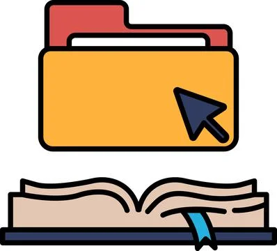 A yellow folder with a red spine is opened to a page with a blue bookmark Stock Illustration