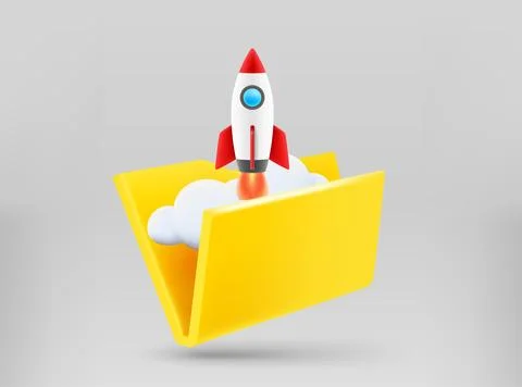 Yellow folder with rocket launch. Business start up concept. 3d vector illu.. Stock-Illustration