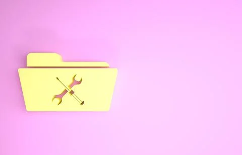 Yellow Folder with screwdriver and wrench icon isolated on pink background. A 스톡 일러스트