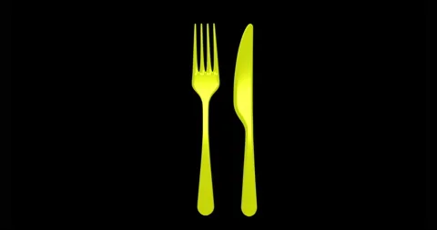 Yellow fork and spoon are rotating, isolated on black background Video stock 151538614