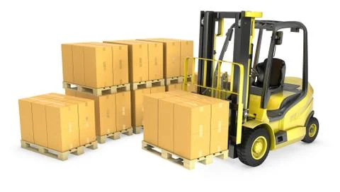 Yellow fork lift truck with stack of carton boxes Stock Illustration