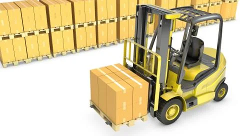 Yellow fork lift truck with stack of carton boxes Stock Illustration