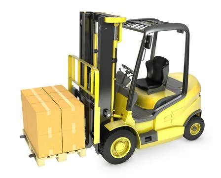 Yellow fork lift truck with stack of carton boxes Yellow fork lift truck w... Stock Photos