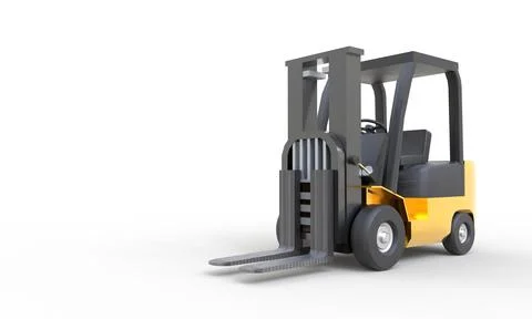 Yellow forklift with empty fork parking on white background. Transportation.. Stockillustratie