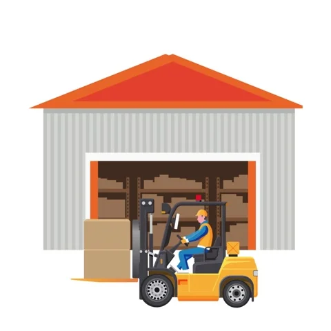 Yellow forklift lifting cardboard boxes in front of a warehouse Video stock 342027552