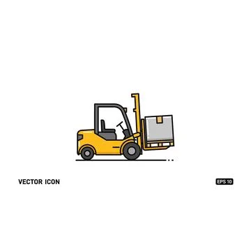 Yellow forklift lifting gray box - industrial warehouse vehicle vector art Stock Illustration