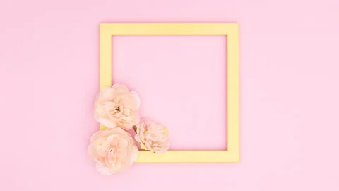 Yellow frame with flowers and two white frames appear on pink theme. Stop motion Stock Footage 138279581