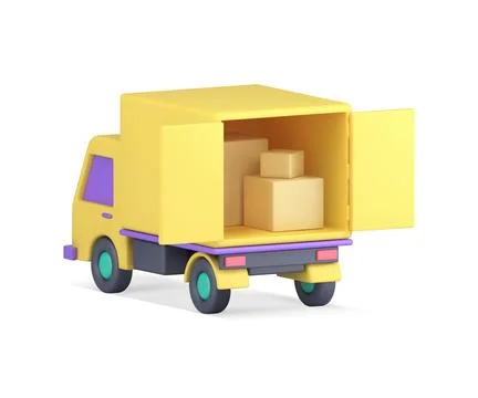 Yellow freight courier express delivery truck full of cardboard boxes parcel  Illustrazione stock