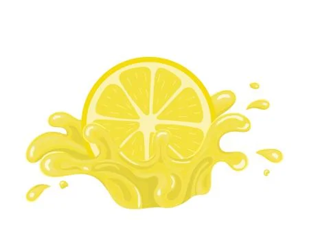 Yellow fresh cut slice lemon with juice splash isolated on white background.  Stock Illustration