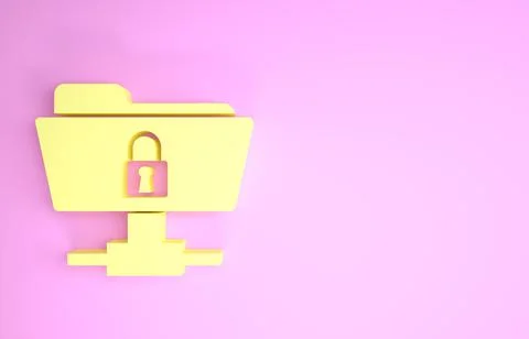 Yellow FTP folder and lock icon isolated on pink background. Concept of softw Stock Illustration
