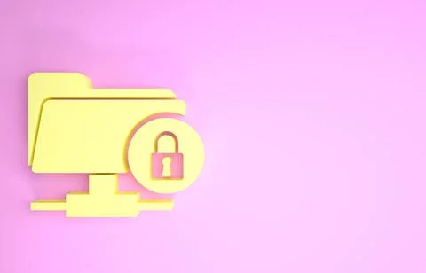 Yellow FTP folder and lock icon isolated on pink background. Concept of softw Stock Illustration