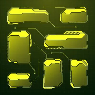 Yellow futuristic HUD, UI elements. Sci-fi user interface text boxes, callouts Illustrazione stock