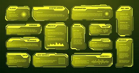 Yellow futuristic HUD, UI elements. Sci-fi user interface text boxes, callouts Stockillustratie