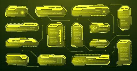 Yellow futuristic HUD, UI elements. Sci-fi user interface text boxes, callouts 스톡 일러스트