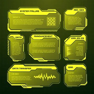 Yellow futuristic HUD, UI elements. Sci-fi user interface text boxes, callouts 库存插图