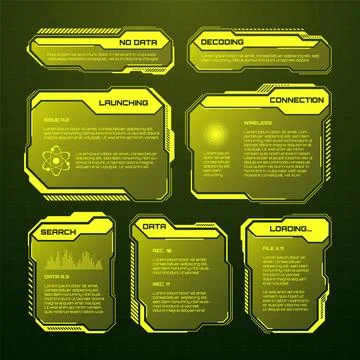 Yellow futuristic HUD, UI elements. Sci-fi user interface text boxes, callouts Stock Illustration