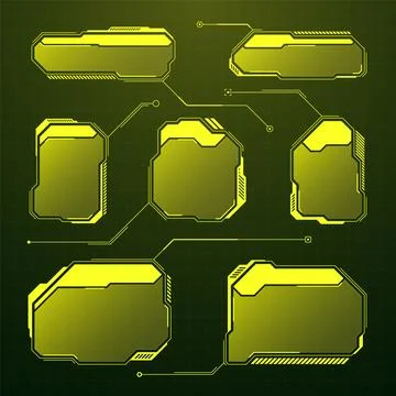 Yellow futuristic HUD, UI elements. Sci-fi user interface text boxes, callouts Stock Illustration