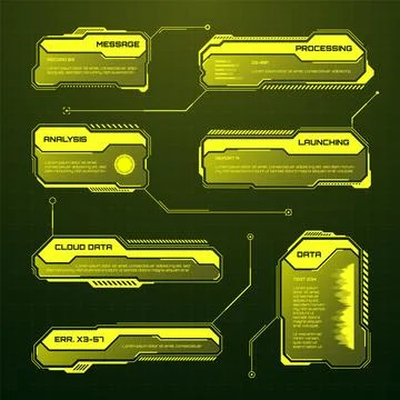 Yellow futuristic HUD, UI elements. Sci-fi user interface text boxes, callouts Illustrazione stock