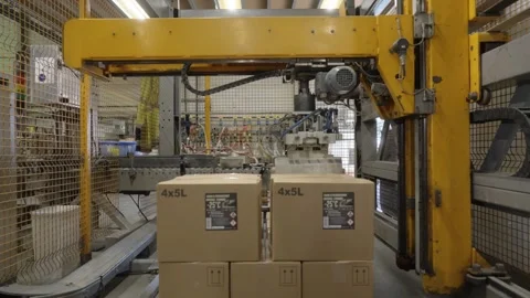 Yellow Gantry Palletizer Robot Stacking Cardboard Boxes Factory Stock Footage 335982441