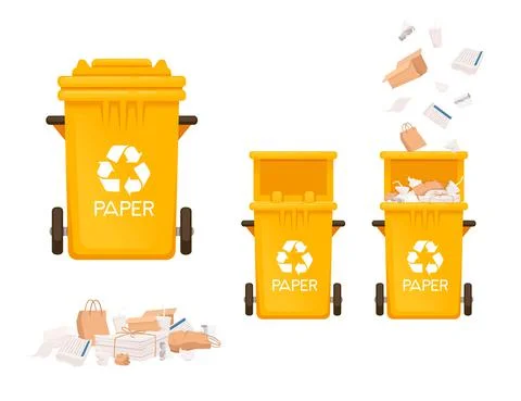 Yellow garbage bin trash can for paper types of waste vector illustration Stock Illustration