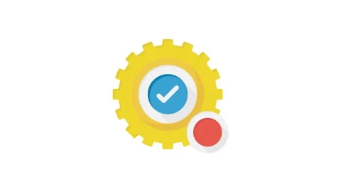 A yellow gear with a check mark and a red button, representing a functional.. Stock Footage 332199194