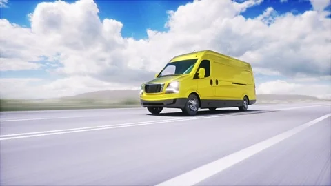 Yellow generic delivery van on highway. Very fast driving. Vídeo Stock 245354045