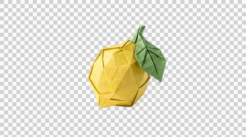 Yellow geometric paper lemon fruit with green leaf Stock Illustration