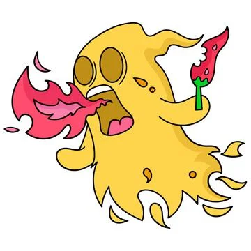 Yellow ghost eating hot chilli spitting fire. cartoon emoticon. doodle icon d Stock Illustration