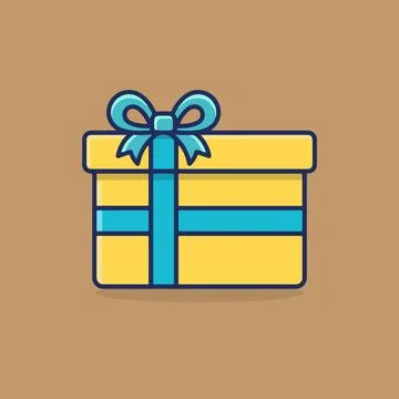 Yellow Gift box with blue, brown background, simple shapes, flat design, ve.. Stock Illustration