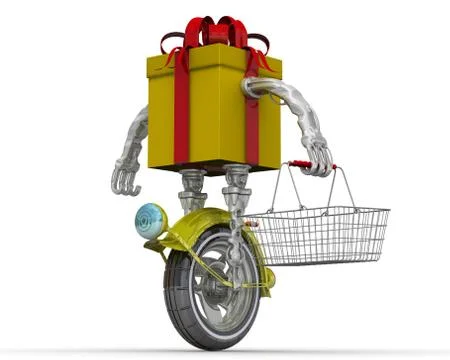 Yellow gift box in the form of a robot on a wheel with a grocery market shopp Ilustração Stock