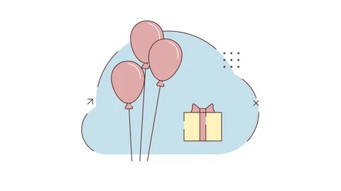 Yellow gift box with a red ribbon. Three red balloons move from side to side. Video stock 330990131