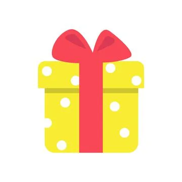 Yellow gift box with red ribbon, vector illustration in cartoon flat style Stock Illustration