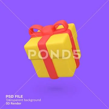 Yellow gift box with red ribbon isolated 3d render icon illustration PSD 템플릿