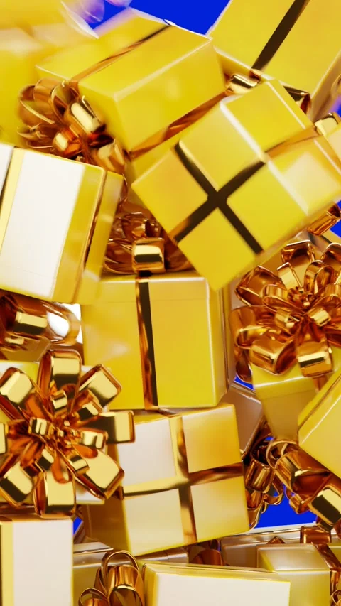 Yellow gift boxes fall, covering the entire blue screen.Video transition Video stock 262790836