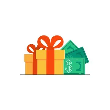 Yellow gift boxes with red ribbon and money bills Stock Illustration